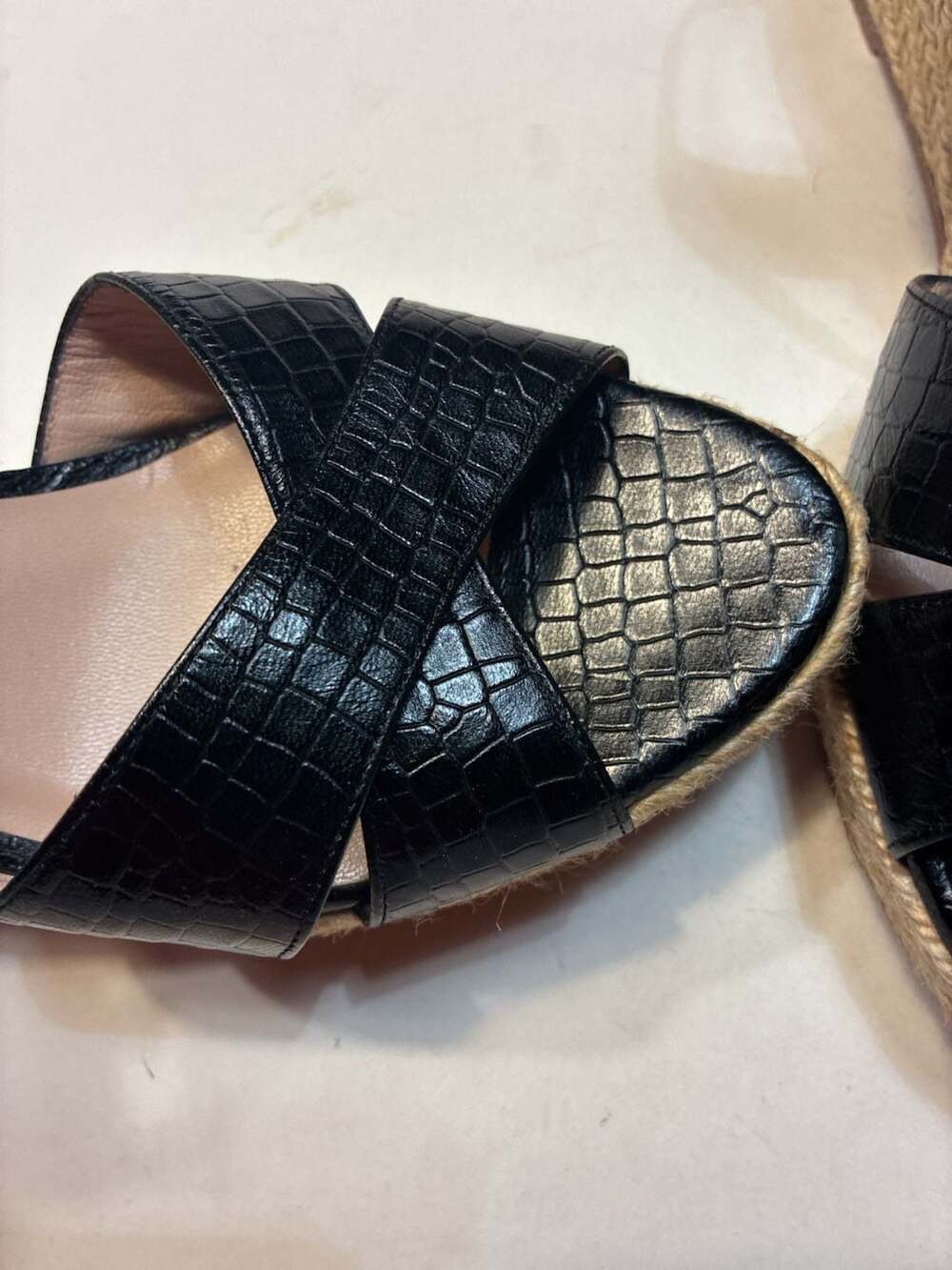 Stuart Weitzman Dayna Black Croc-Embossed Leather Espadrille Wedge Sandals - Picture 3 of 12